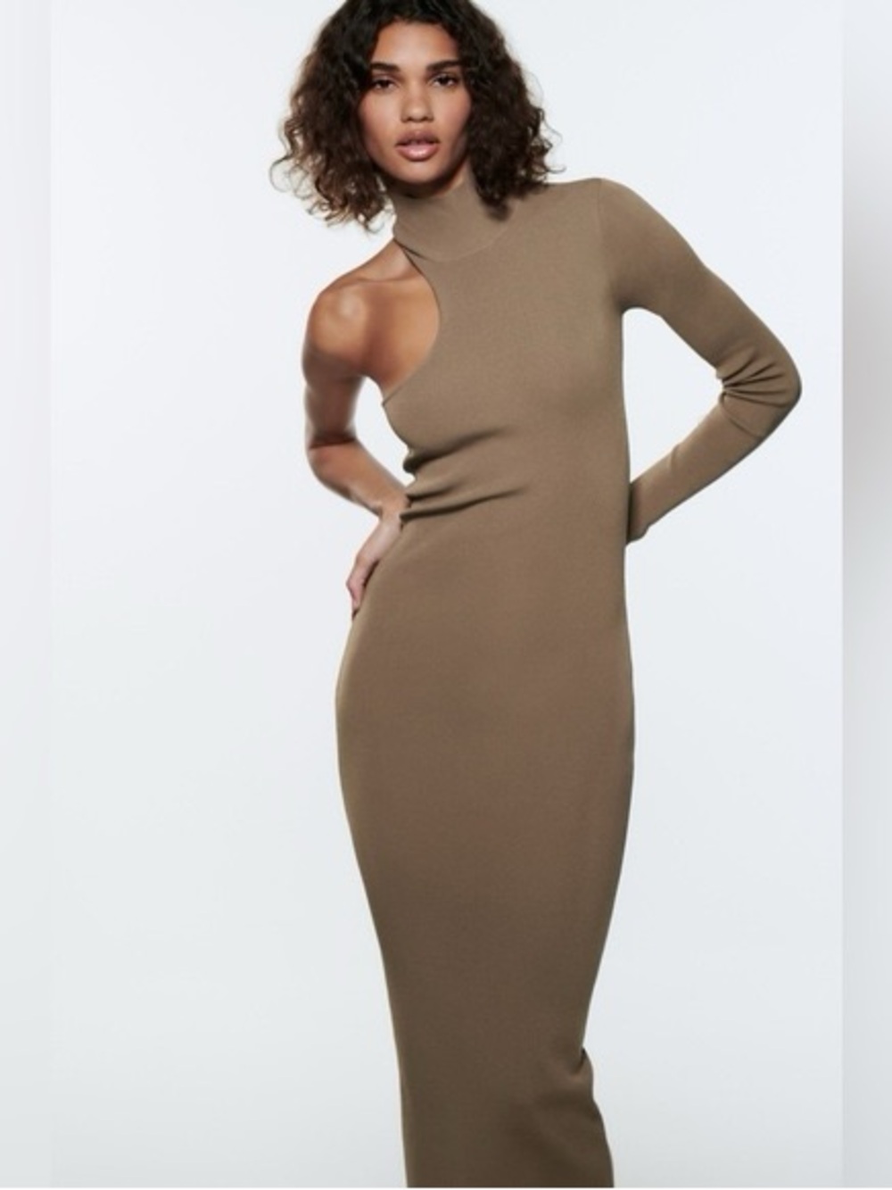 Zara Asymmetric One-Shoulder Ribbed Maxi Dress in Taupe